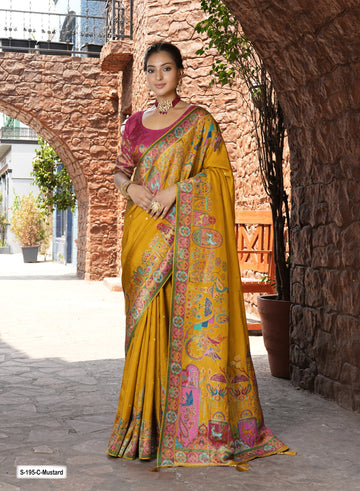 Mustard Dola Saree with Multicolor Weaving Print S-195-C